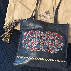 Patricia Nash Italian Leather Embroidered Floral Tote Black Gold with Tassels